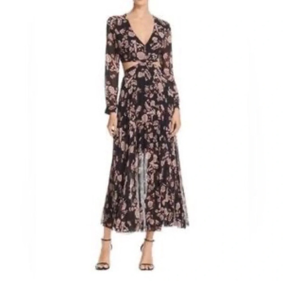 Bardot pleated floral midi dress cutout long sleeves Size 8 Size M - Picture 9 of 9